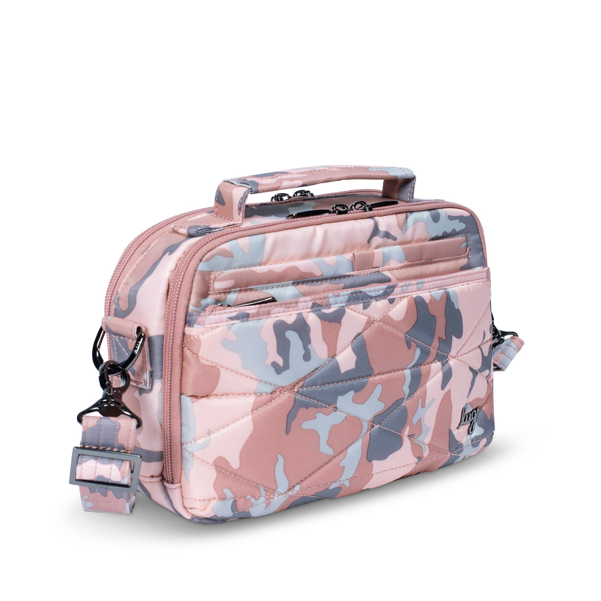 Lug Roundabout XL convertible camo rose crossbody wallet with multiple compartments and adjustable strap.