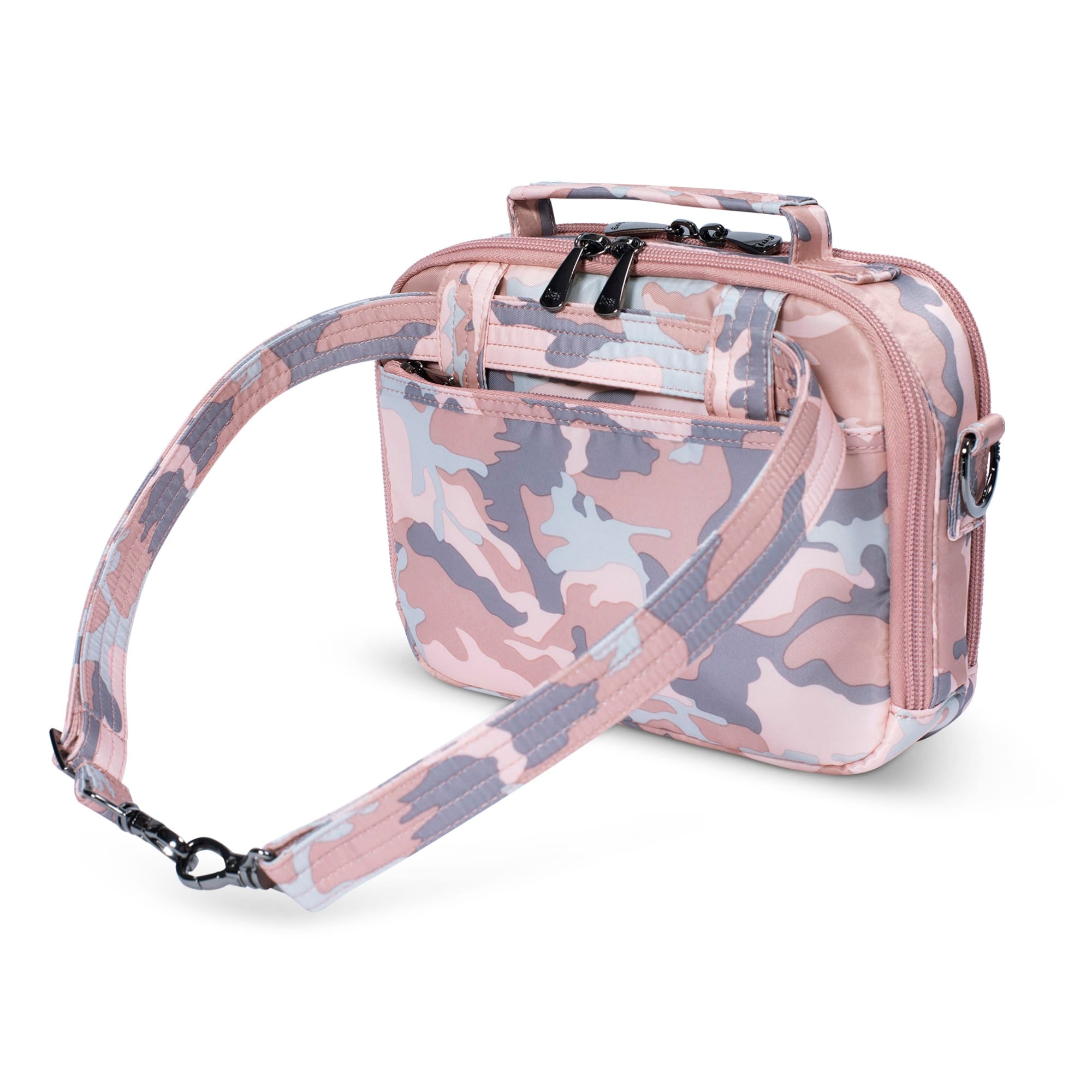 Lug Roundabout XL convertible wallet crossbody bag in camo rose fabric, with adjustable strap and multiple compartments.