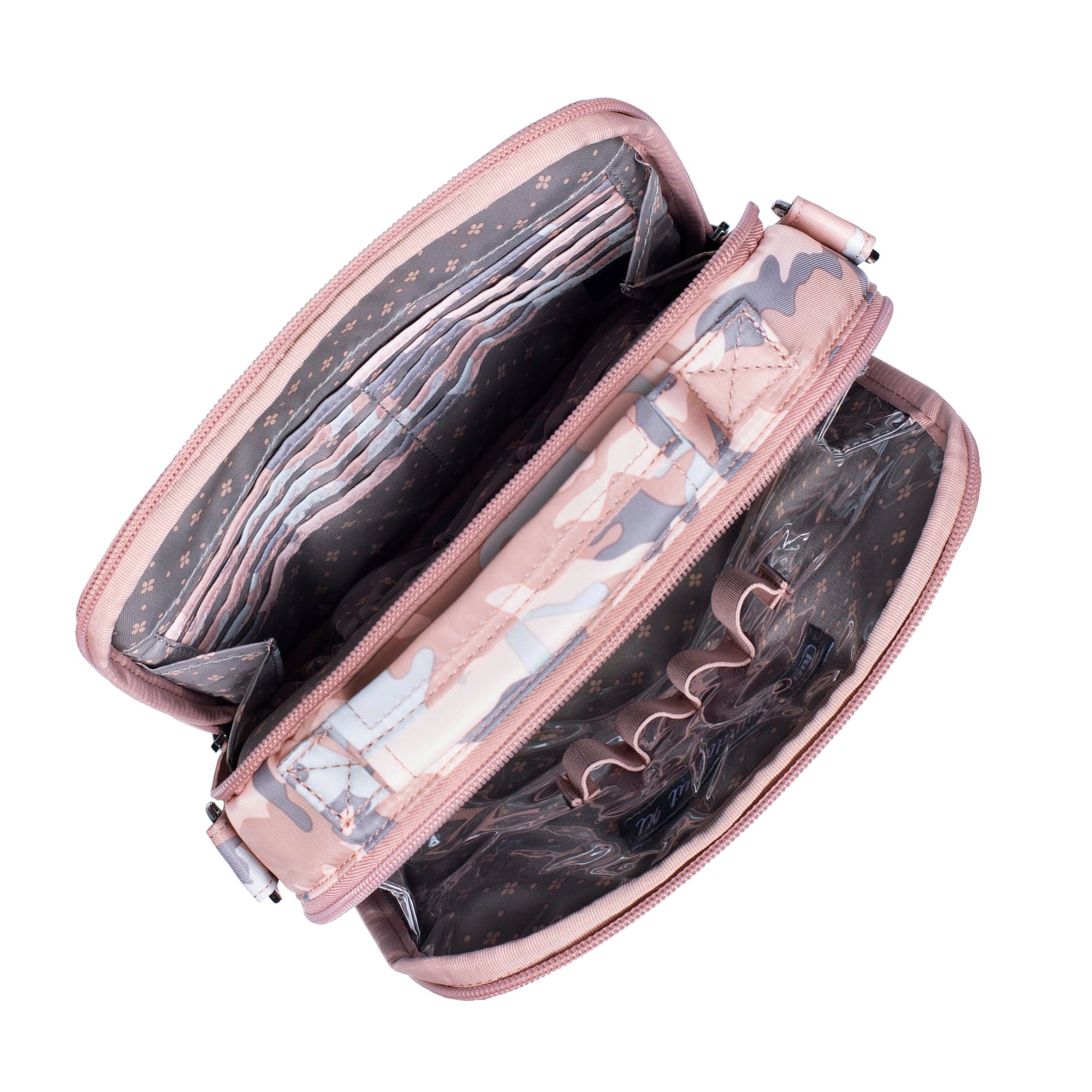 Lug Roundabout XL camo rose convertible crossbody wallet showing its compact design and adjustable strap.