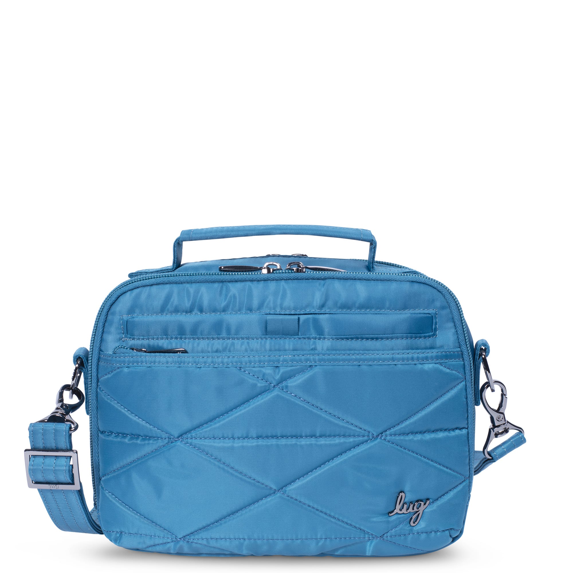Lug Roundabout XL convertible wallet crossbody bag in ocean blue with adjustable strap and multiple compartments.