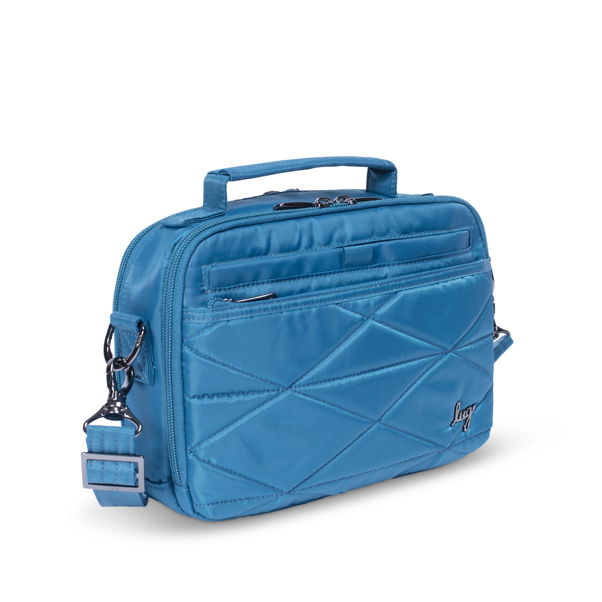 Lug Roundabout XL convertible wallet crossbody bag in ocean blue with multiple compartments and adjustable strap.