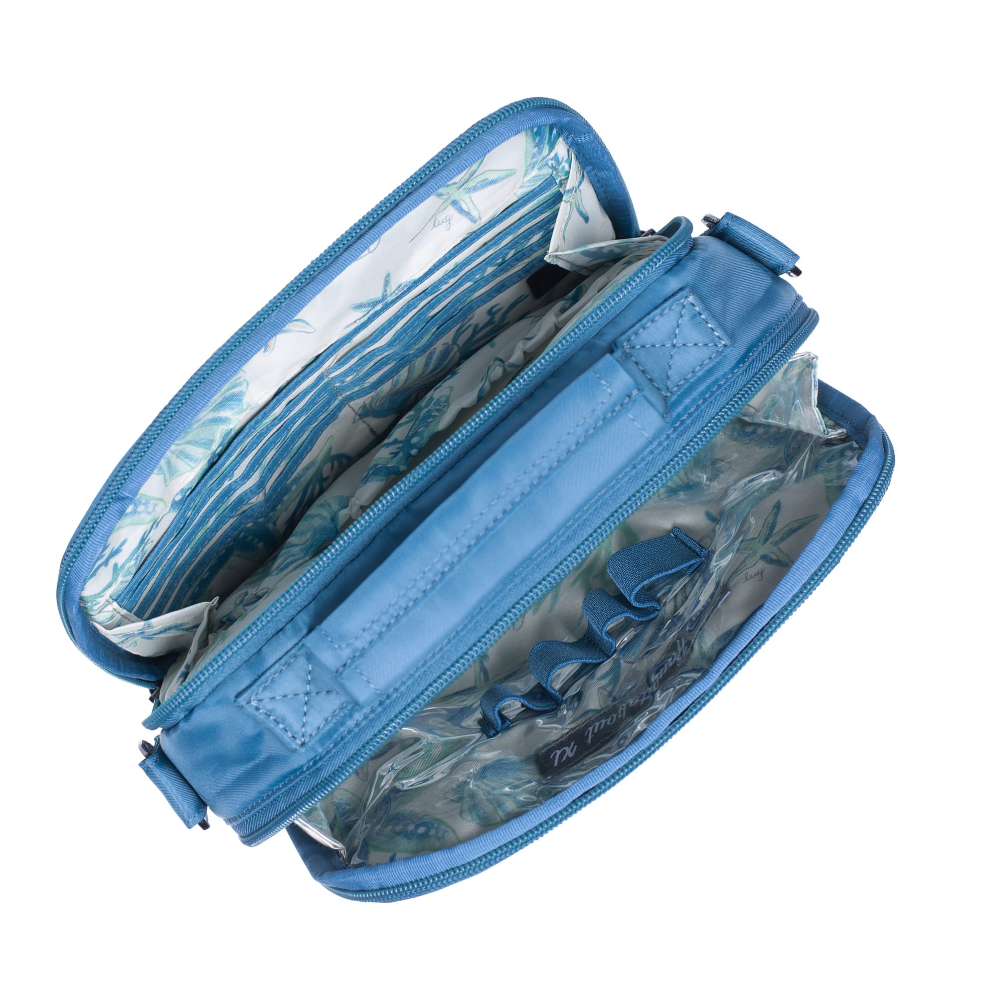 Lug Roundabout XL Ocean Blue convertible crossbody wallet with multiple compartments and adjustable strap.