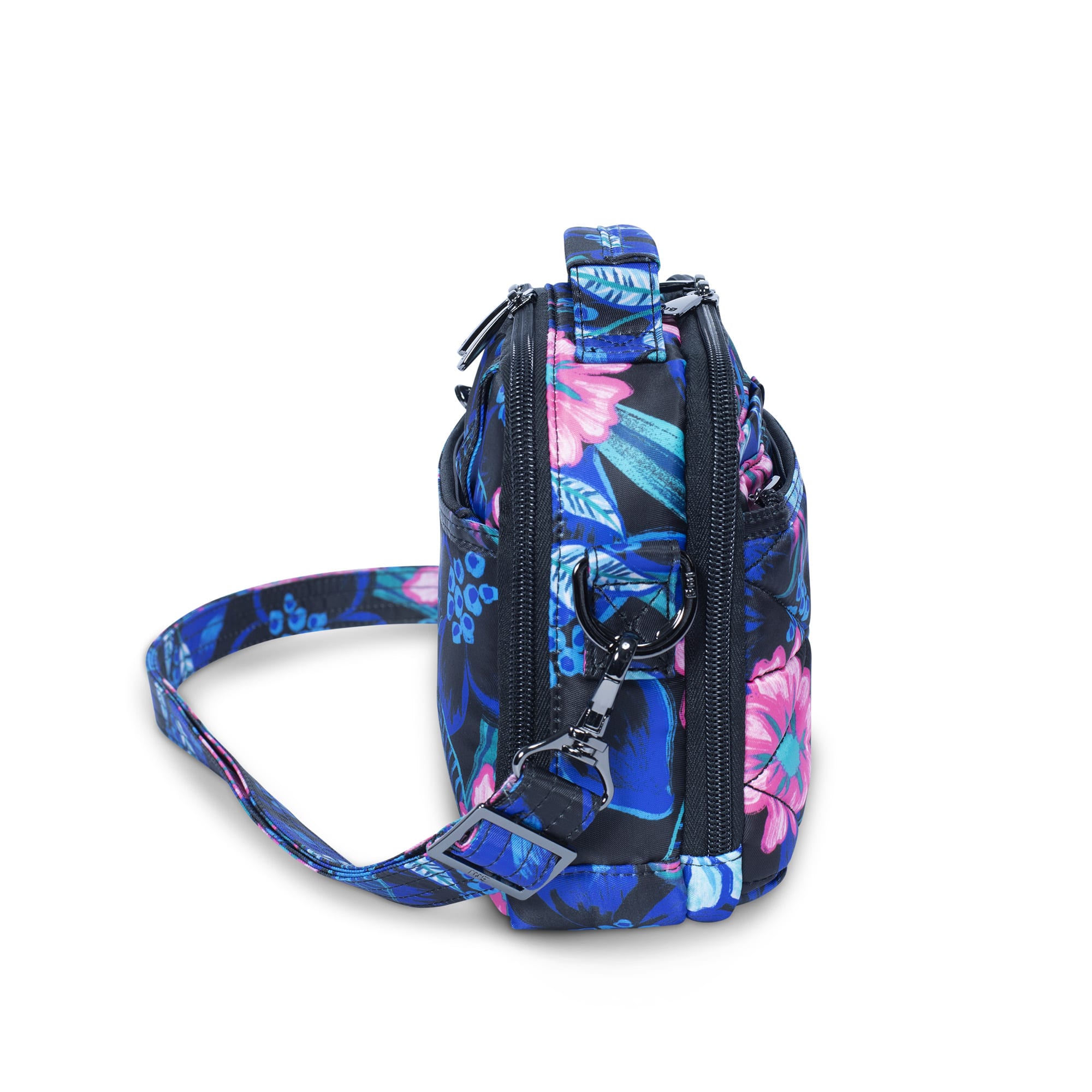 Lug Roundabout XL convertible wallet crossbody bag in black with multiple compartments and adjustable strap.