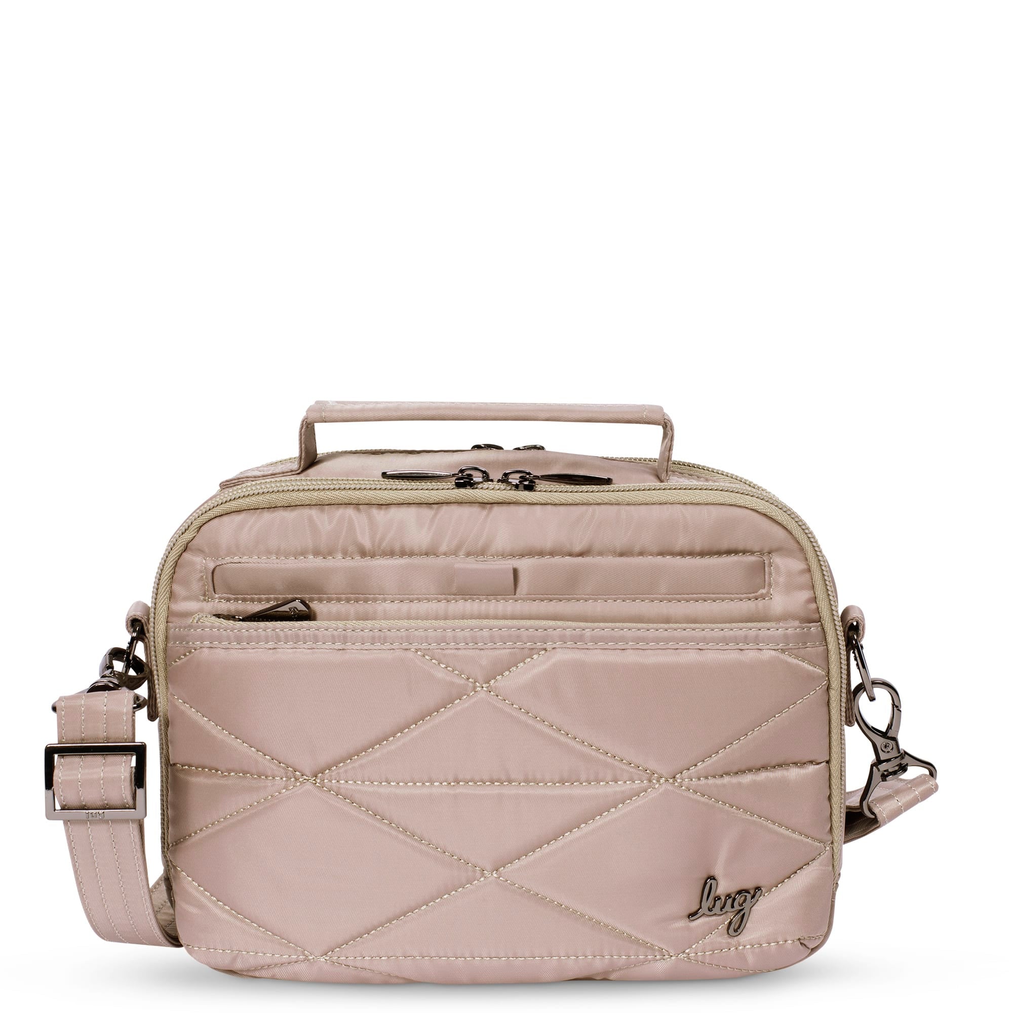 Lug Roundabout XL convertible wallet crossbody bag in sand taupe, featuring multiple compartments and adjustable strap.