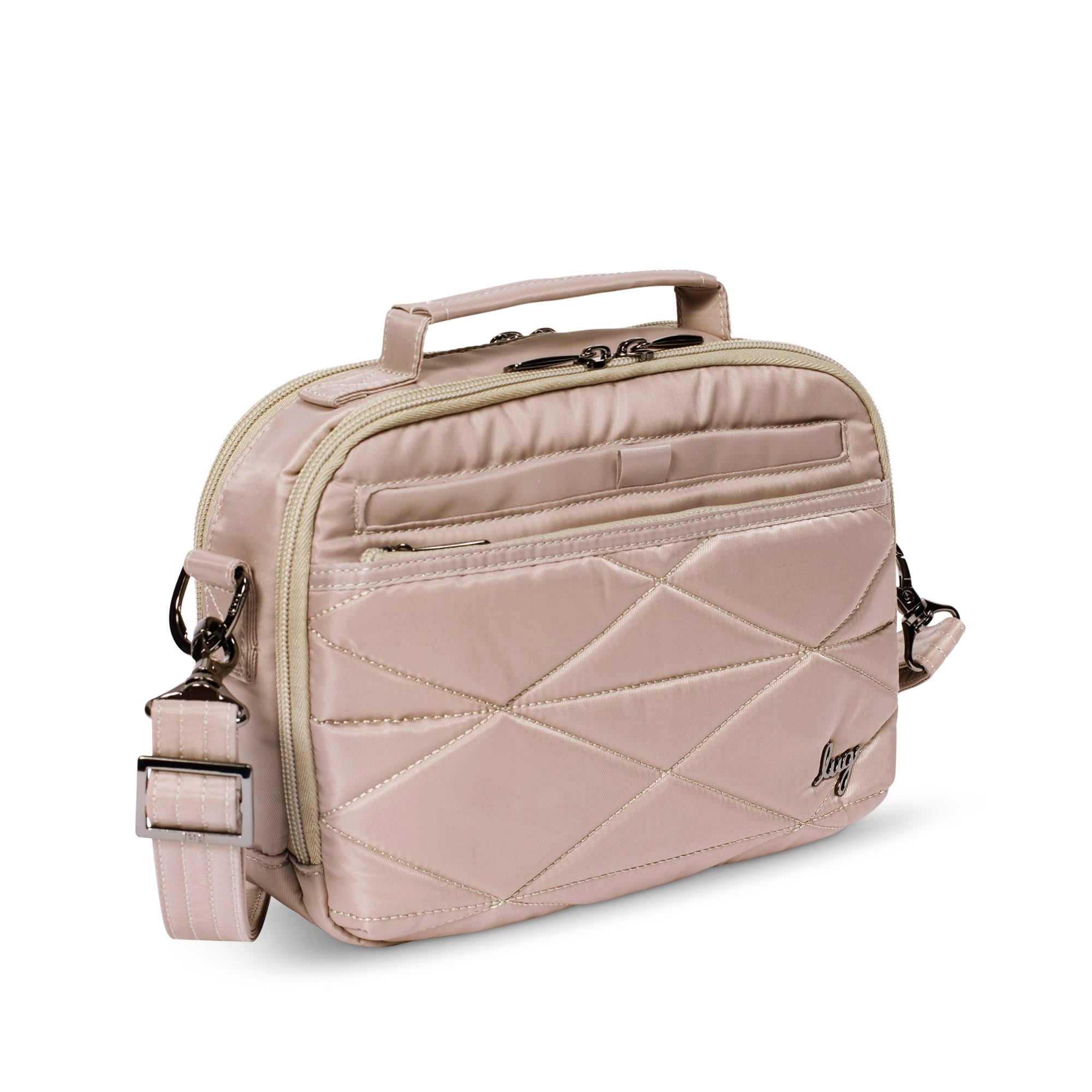 Lug Roundabout XL convertible wallet crossbody bag in sand taupe with multiple compartments and adjustable strap.