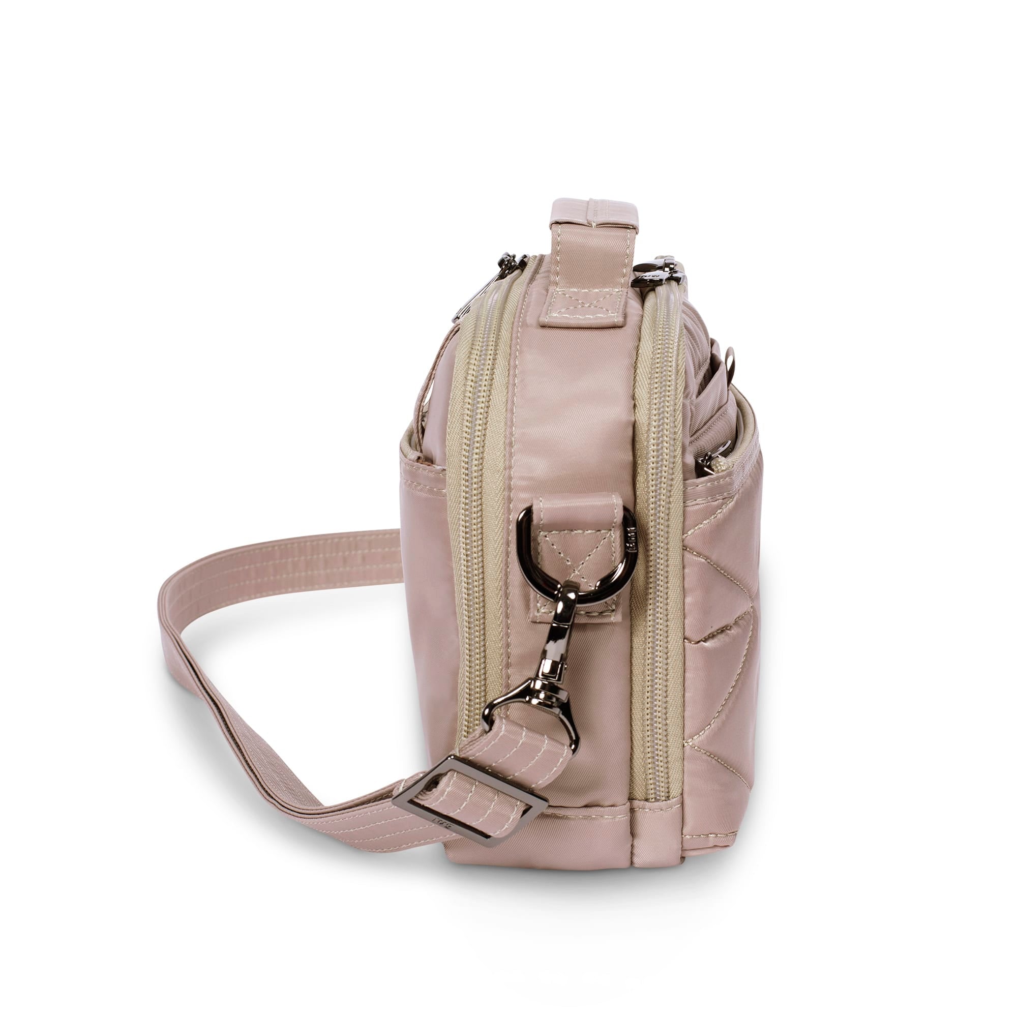 Lug Roundabout XL convertible wallet crossbody bag in sand taupe with multiple compartments and adjustable strap.
