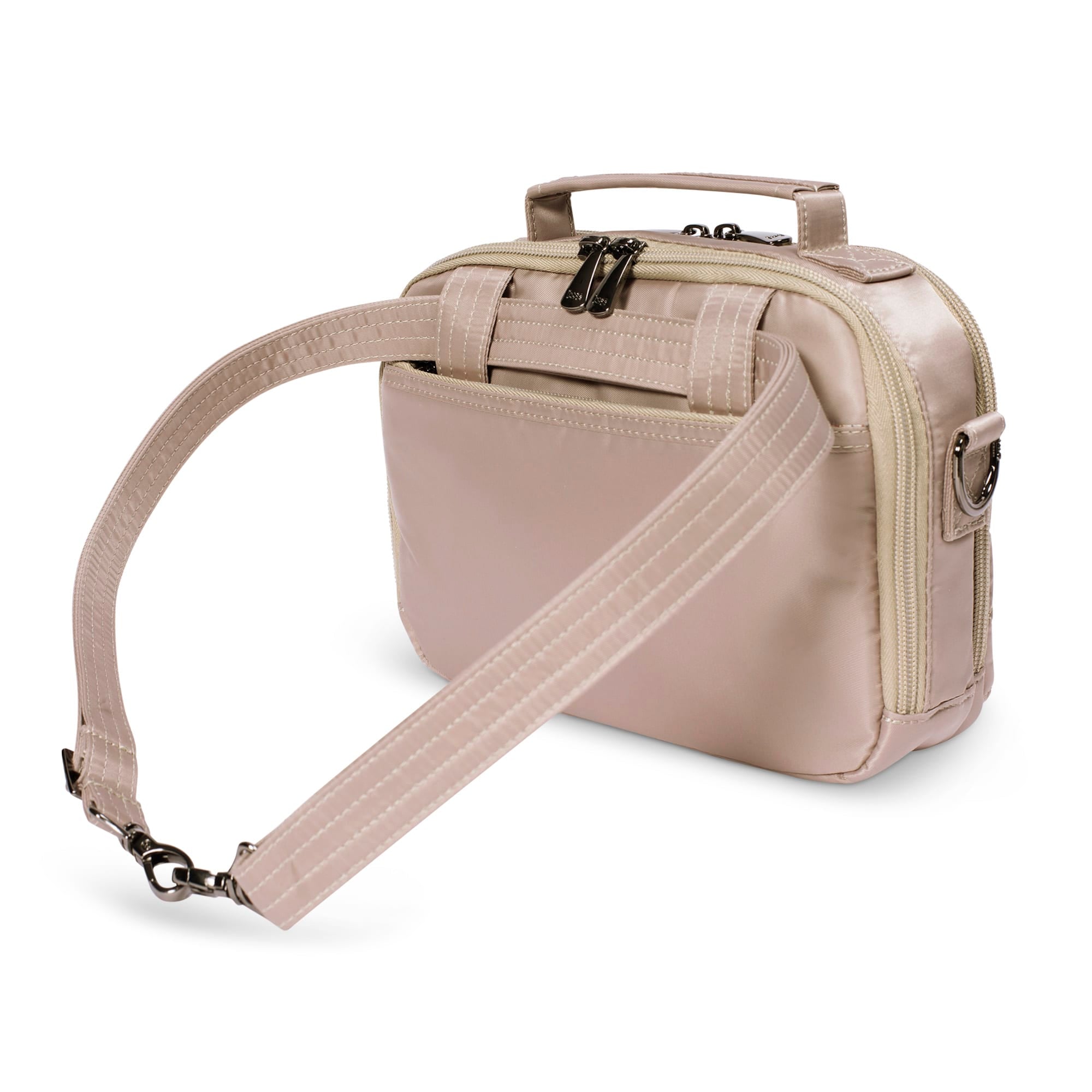 Lug Roundabout XL convertible wallet crossbody bag in sand taupe with multiple compartments and adjustable strap.