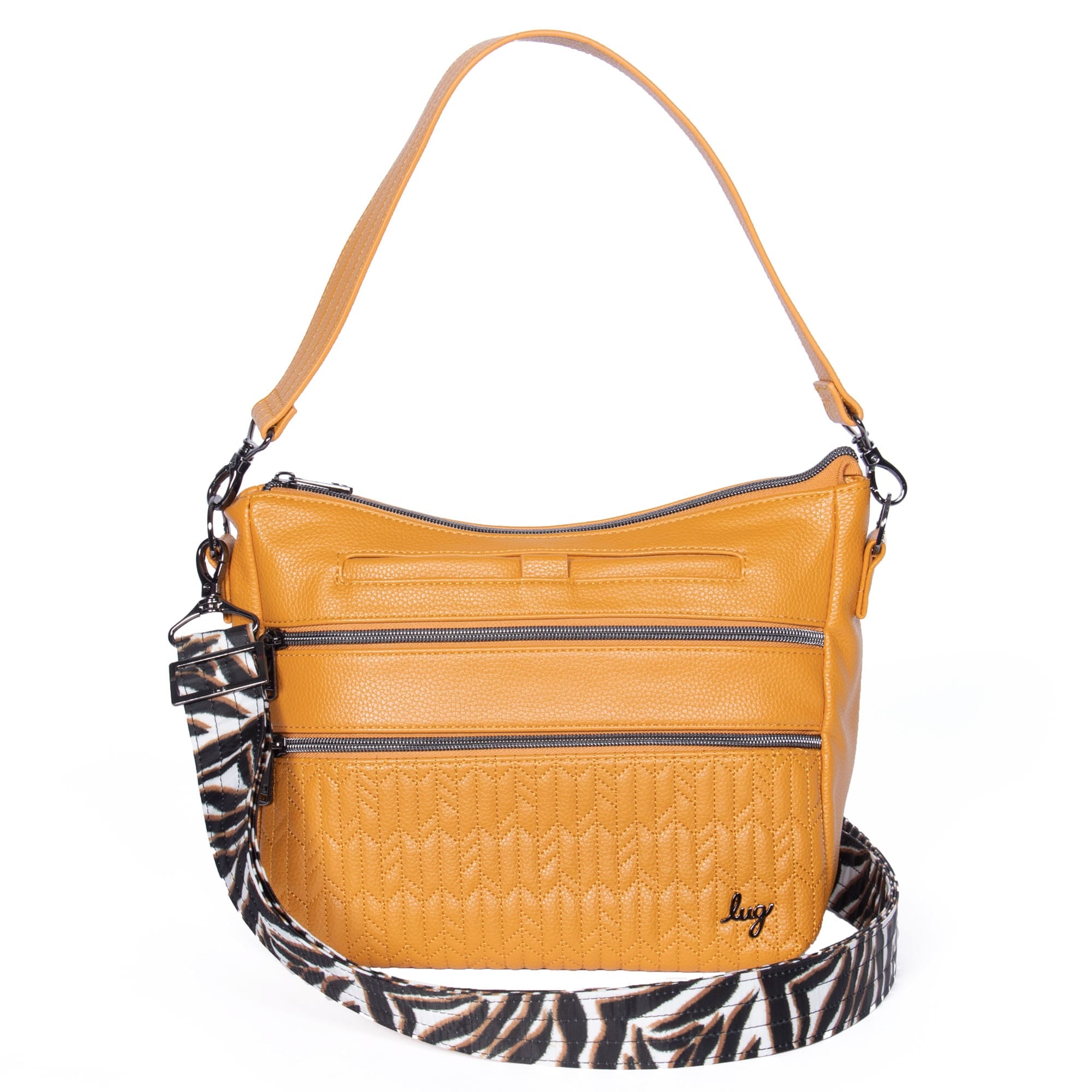 Lug Slider Classic VL Crossbody Bag in amber yellow leather with adjustable strap and minimalist design.