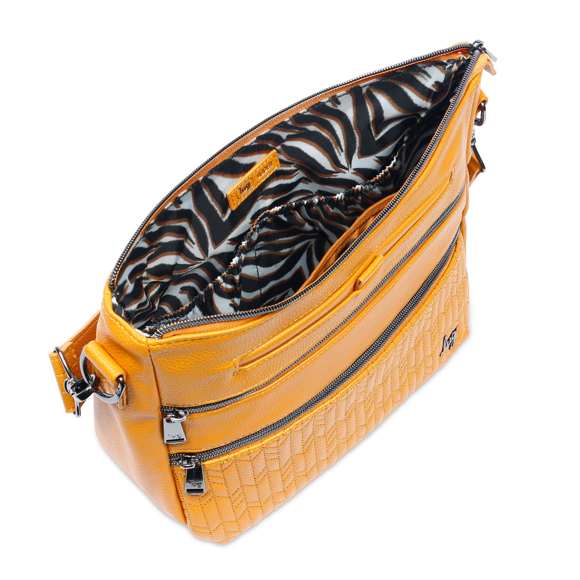 Lug Slider Classic VL Amber Yellow crossbody bag with adjustable strap and zip closure, stylish and functional accessory.