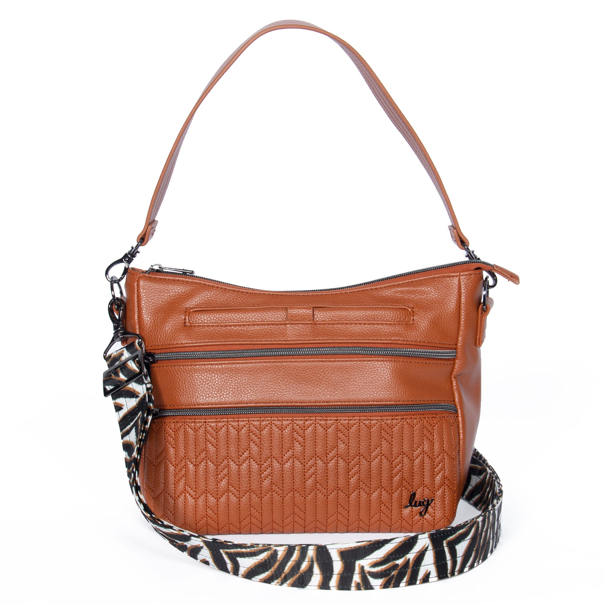 Lug Slider Classic VL Copper Brown crossbody bag with adjustable strap and sleek design, made of durable leather material.