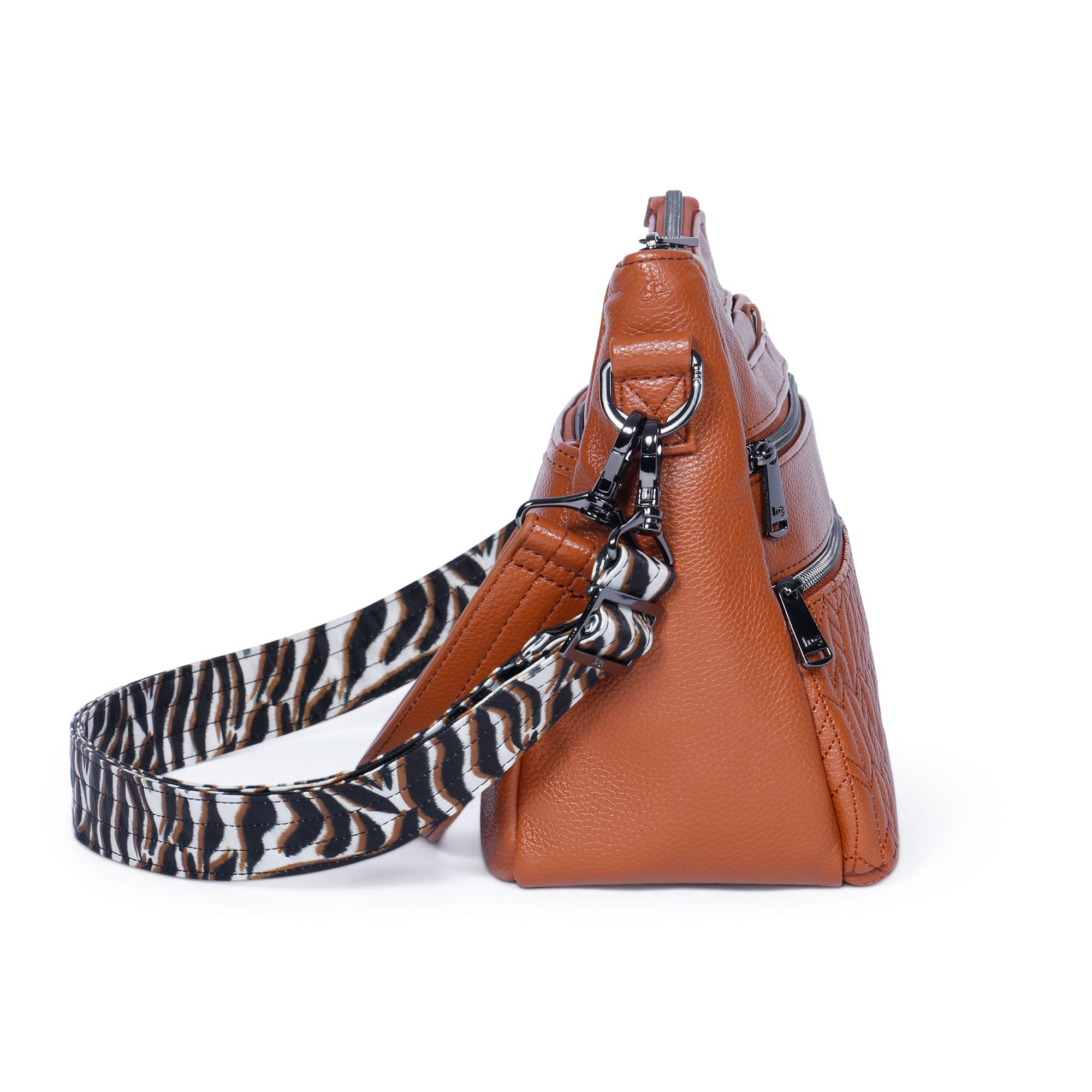 Copper brown Lug Slider Classic VL crossbody bag with adjustable strap and sleek design, shown from the front.