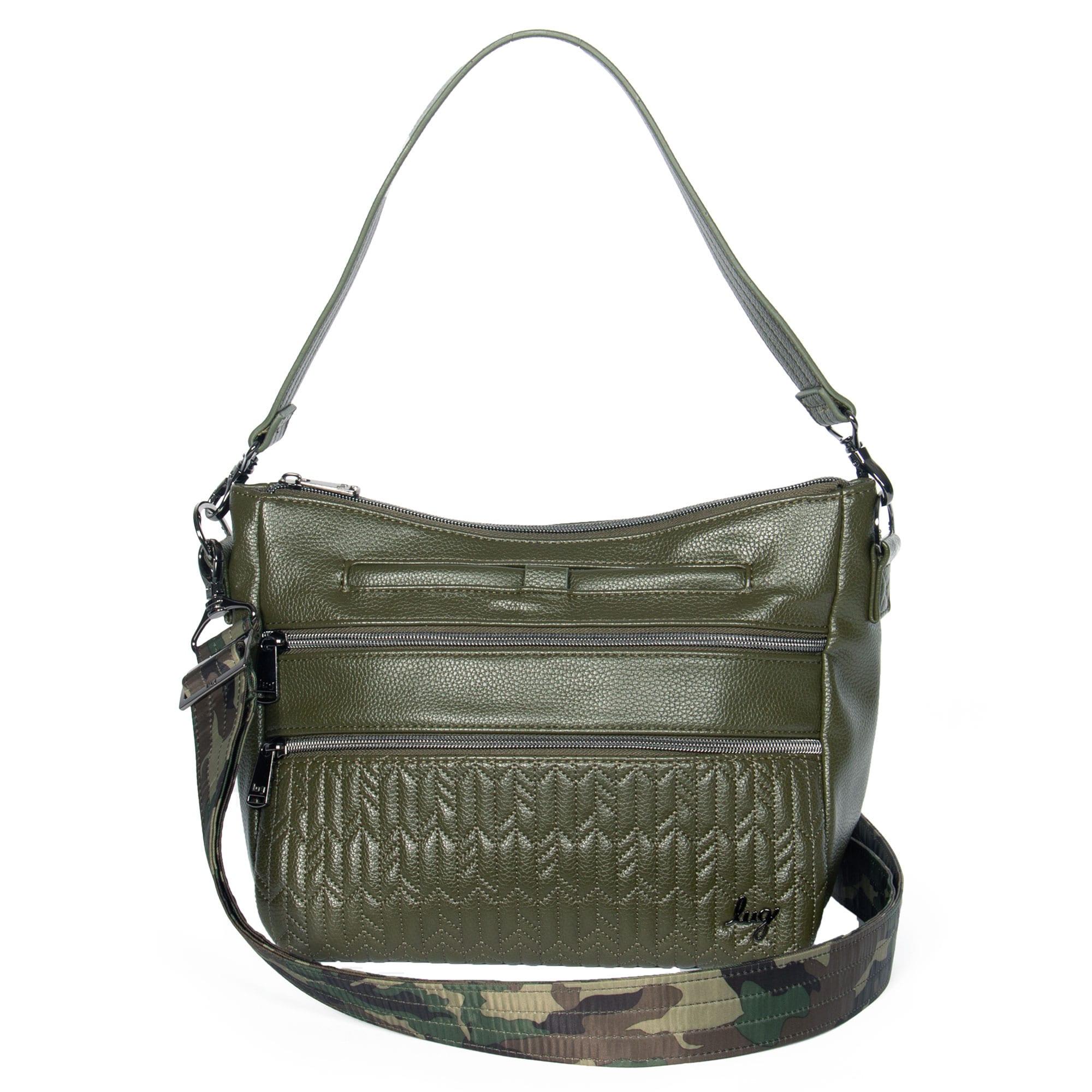 Olive green Lug Slider Classic VL crossbody bag with adjustable strap and zippered compartments, stylish and compact for everyday use.