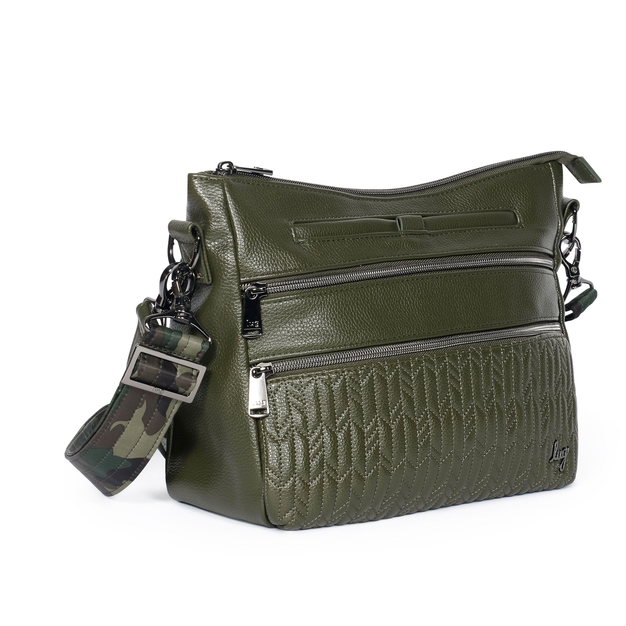 Olive green Lug Slider Classic VL crossbody bag with adjustable strap and sleek design, displayed on a plain background.
