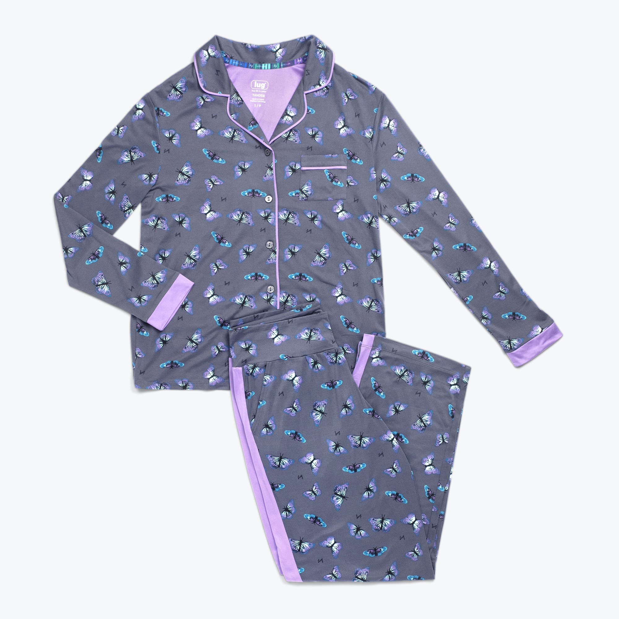 Tandem Collar Pajama Set - BUTTERFLY GREY - Tandem_ButterflyGrey_Flatlay.