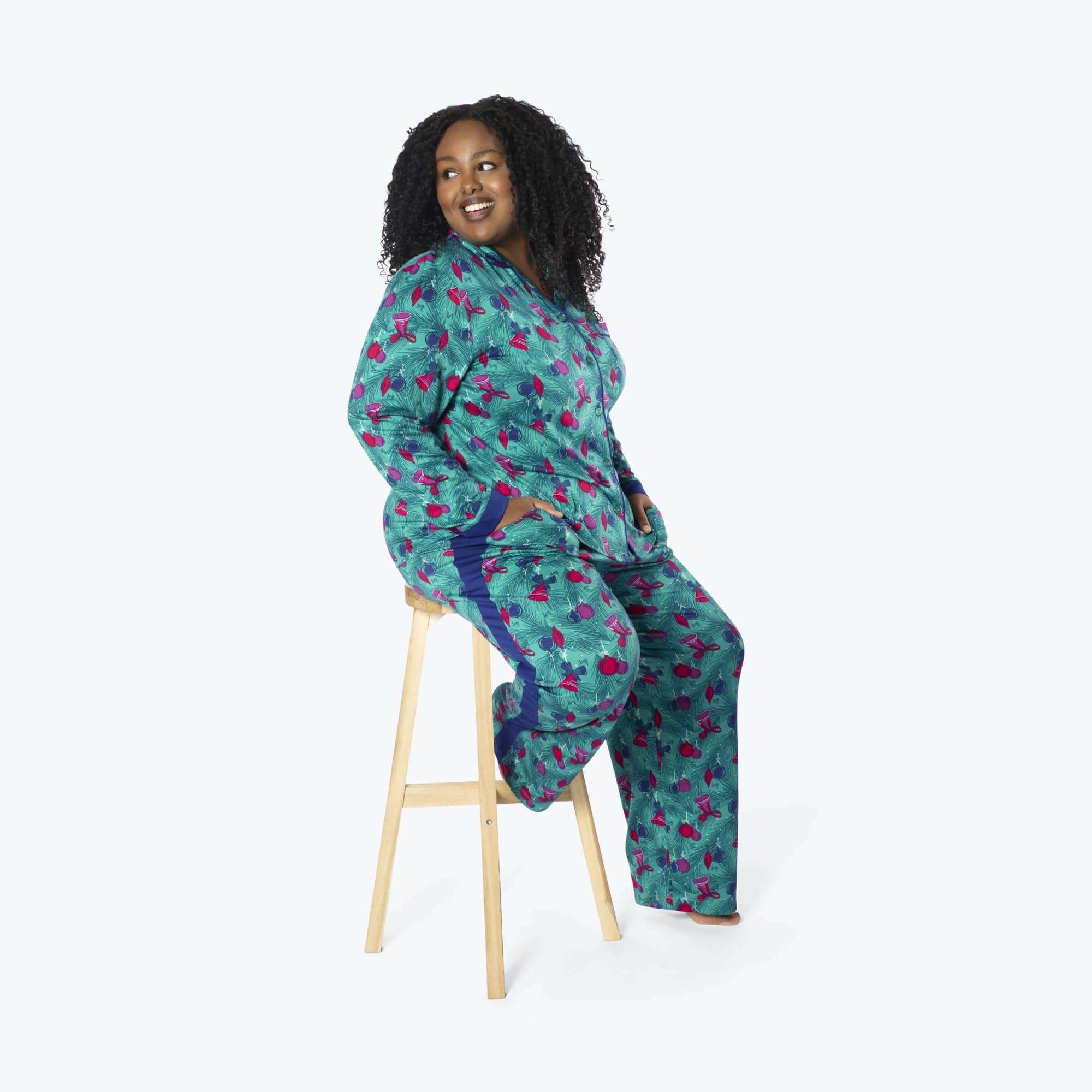 Tandem Collar Pajama Set - PINE ORNAMENTS TEAL - Tandem_PineOrnamentBells_XL_01b