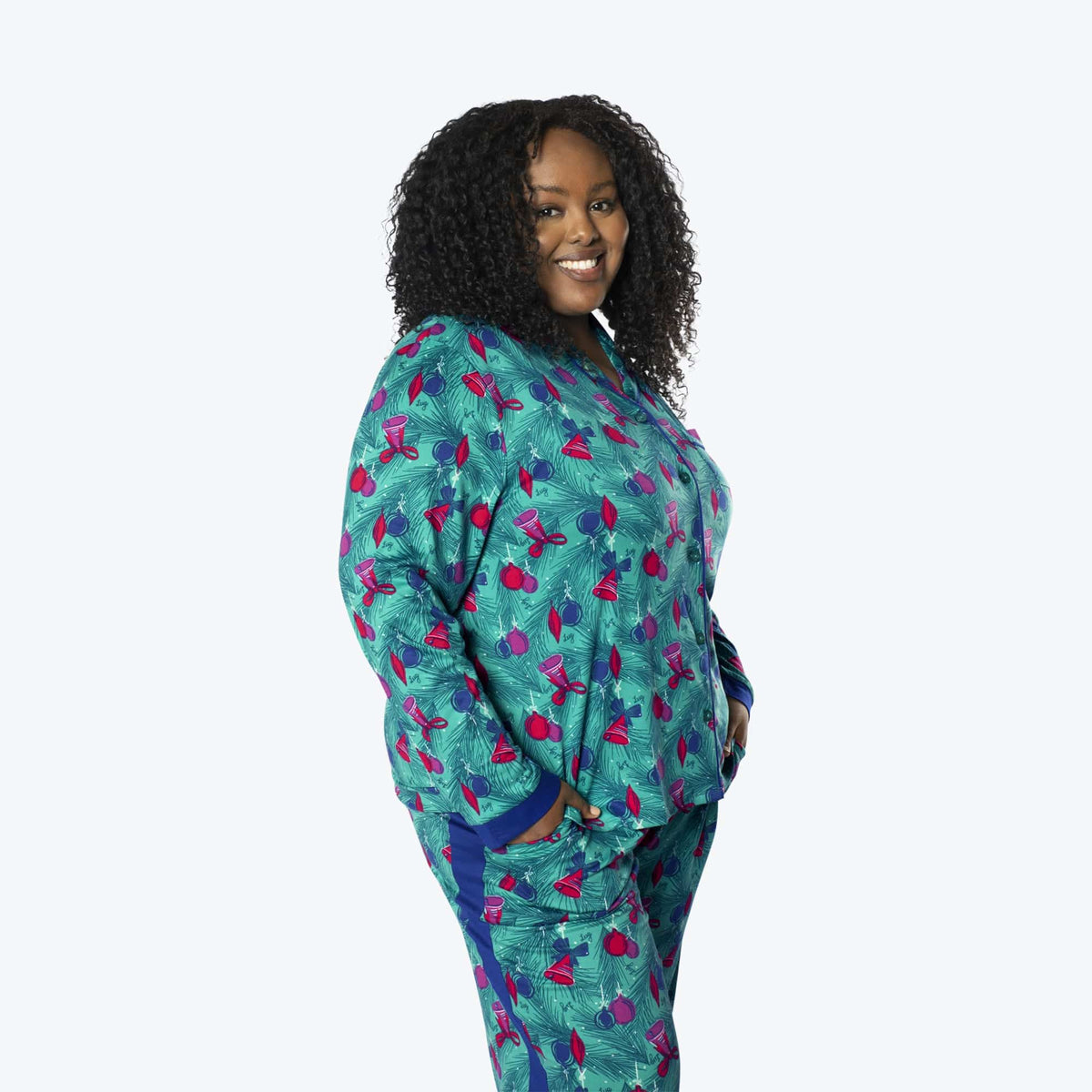 Tandem Collar Pajama Set - PINE ORNAMENTS TEAL - Tandem_PineOrnamentBells_XL_03
