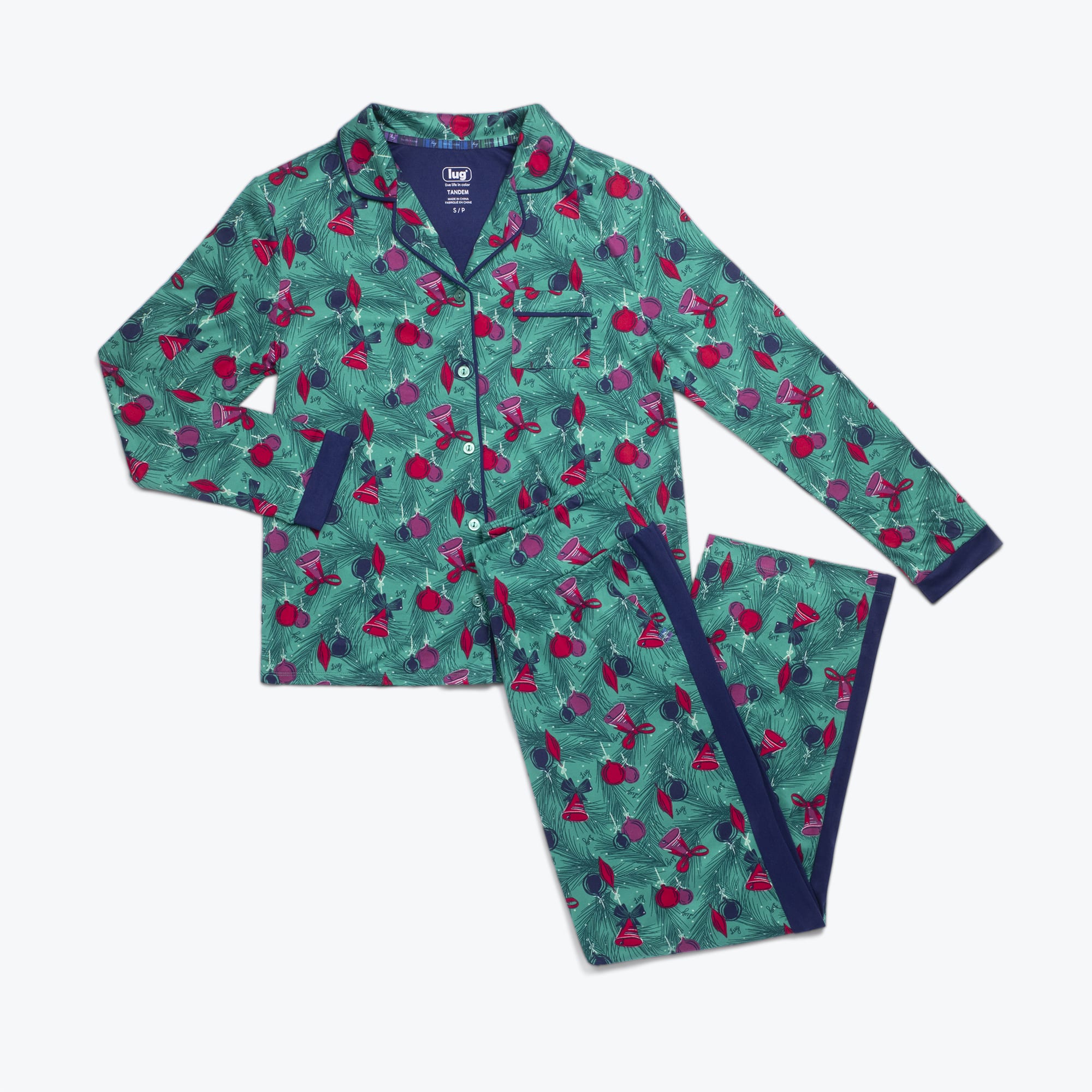 Tandem Collar Pajama Set - PINE ORNAMENTS TEAL - Tandem_PineOrnamentsBells_Flatlay.