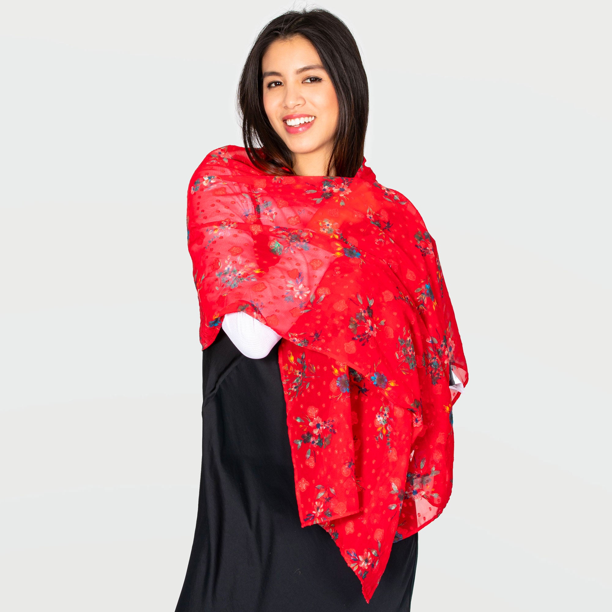 Twist Lightweight Printed Shawl - BOUQUET RED - Twist_BouquetRed_Lifestyle