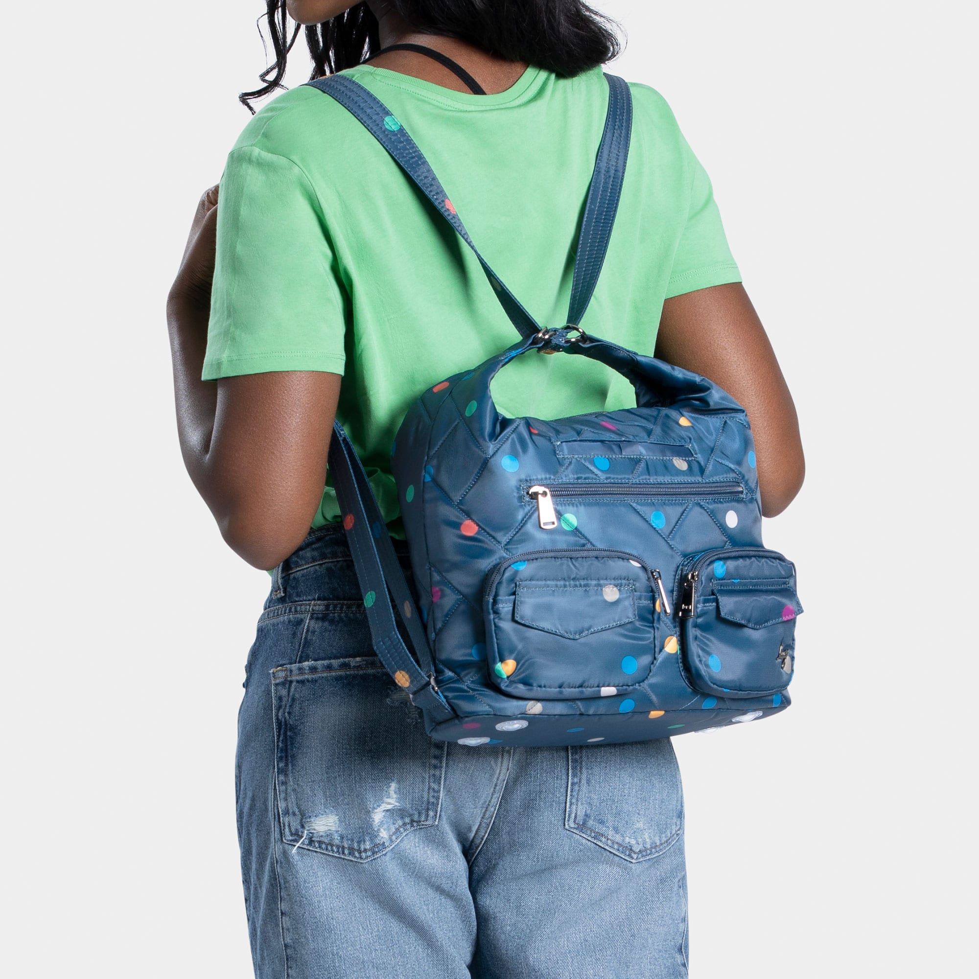 Zipliner 2 Convertible Hobo Bag - MULTI DOTS NAVY - Zipliner_MultiBlueDot_Model_01