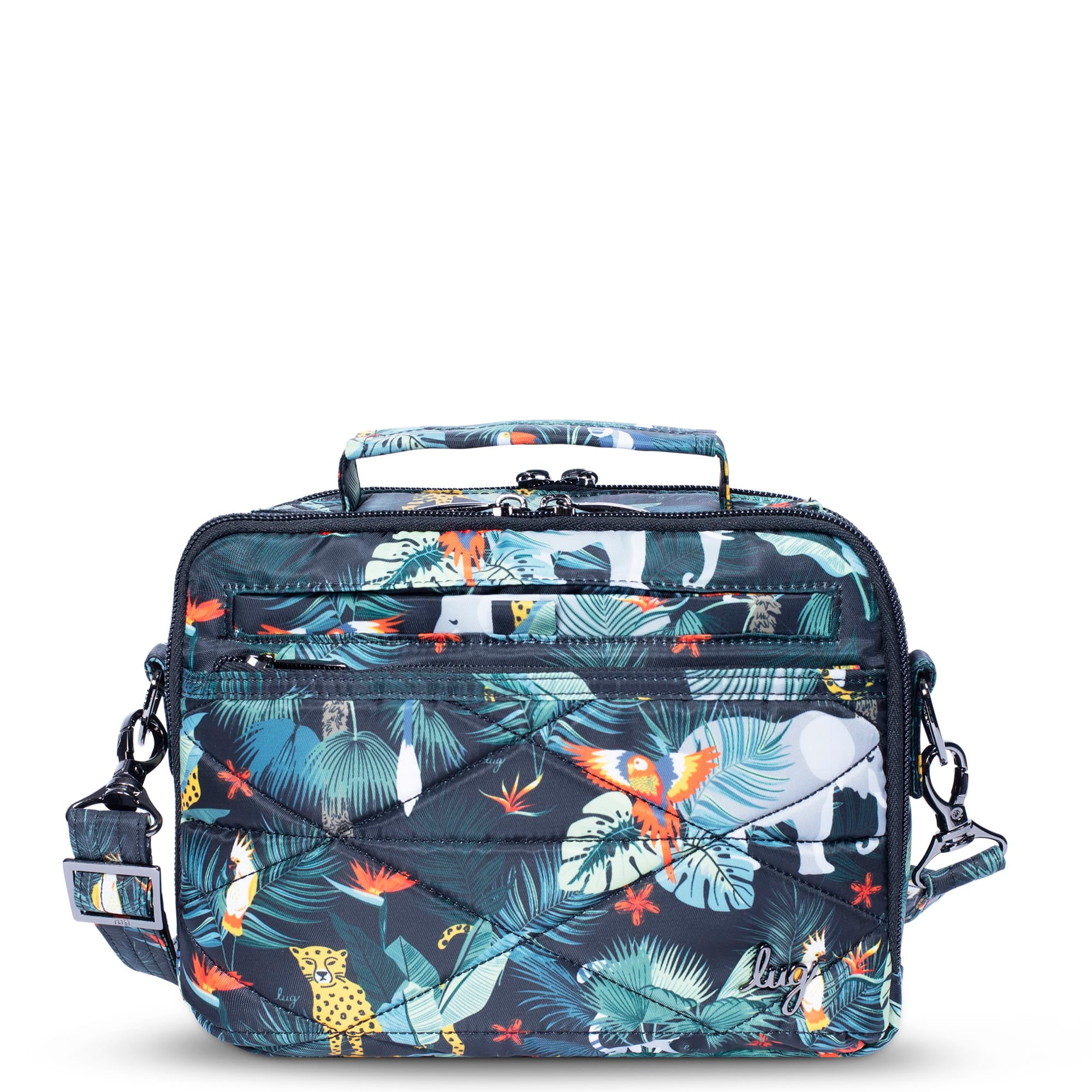 Lug Roundabout XL Convertible Wallet Crossbody bag in black with wildlife pattern, showcasing adjustable strap and compact design.