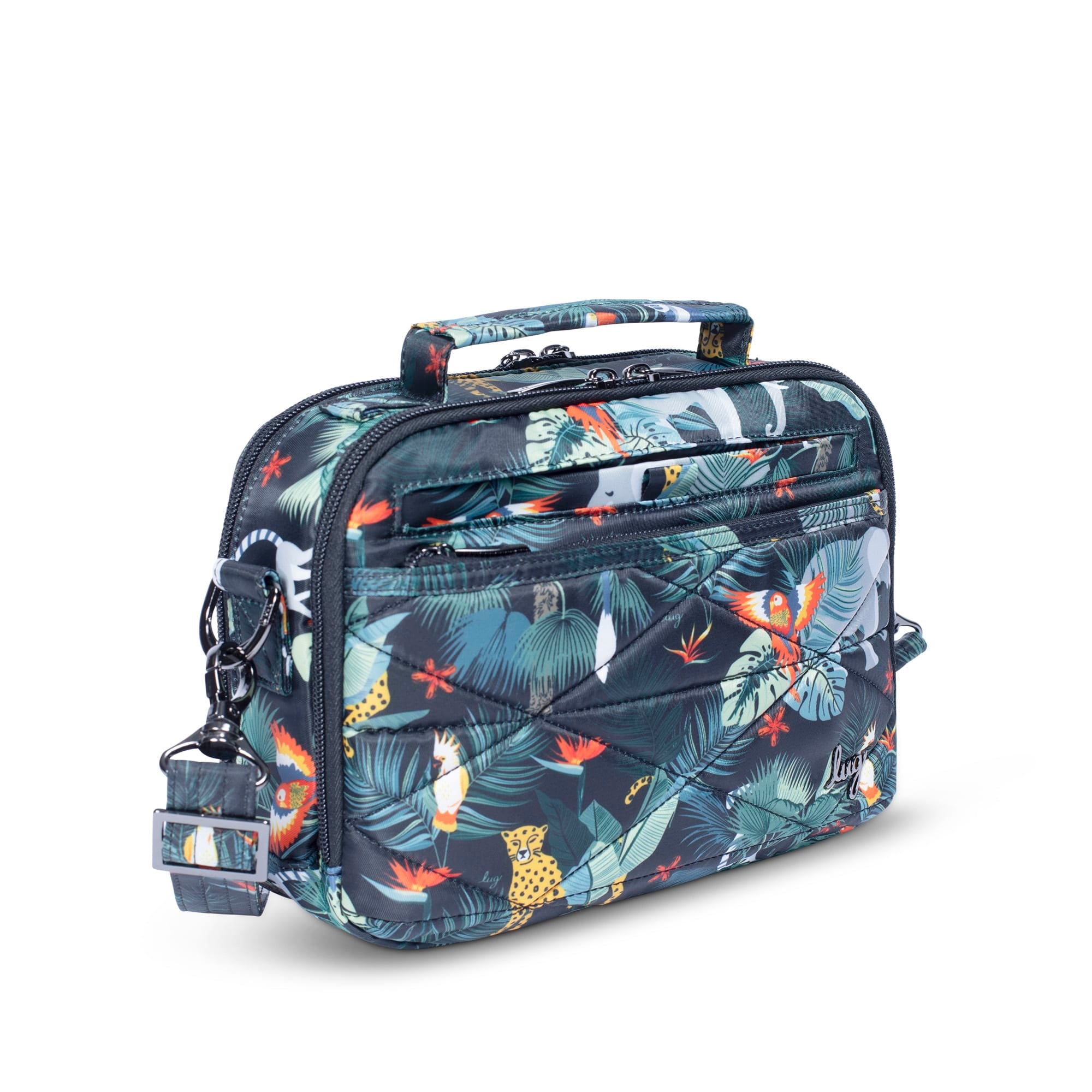 Lug Roundabout XL Wildlife Black convertible crossbody wallet with multiple compartments and adjustable strap.