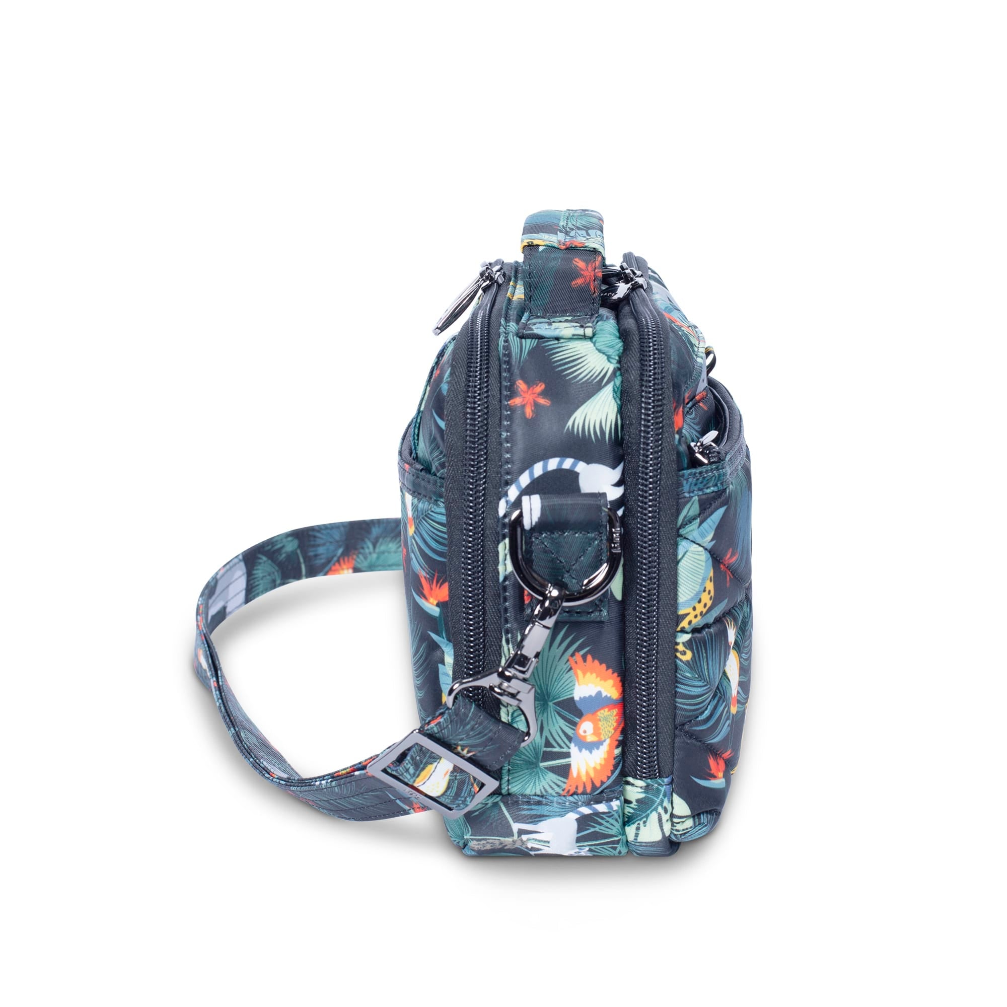 Lug Roundabout XL Convertible Wallet Crossbody bag in Wildlife Black with adjustable strap and multiple compartments.