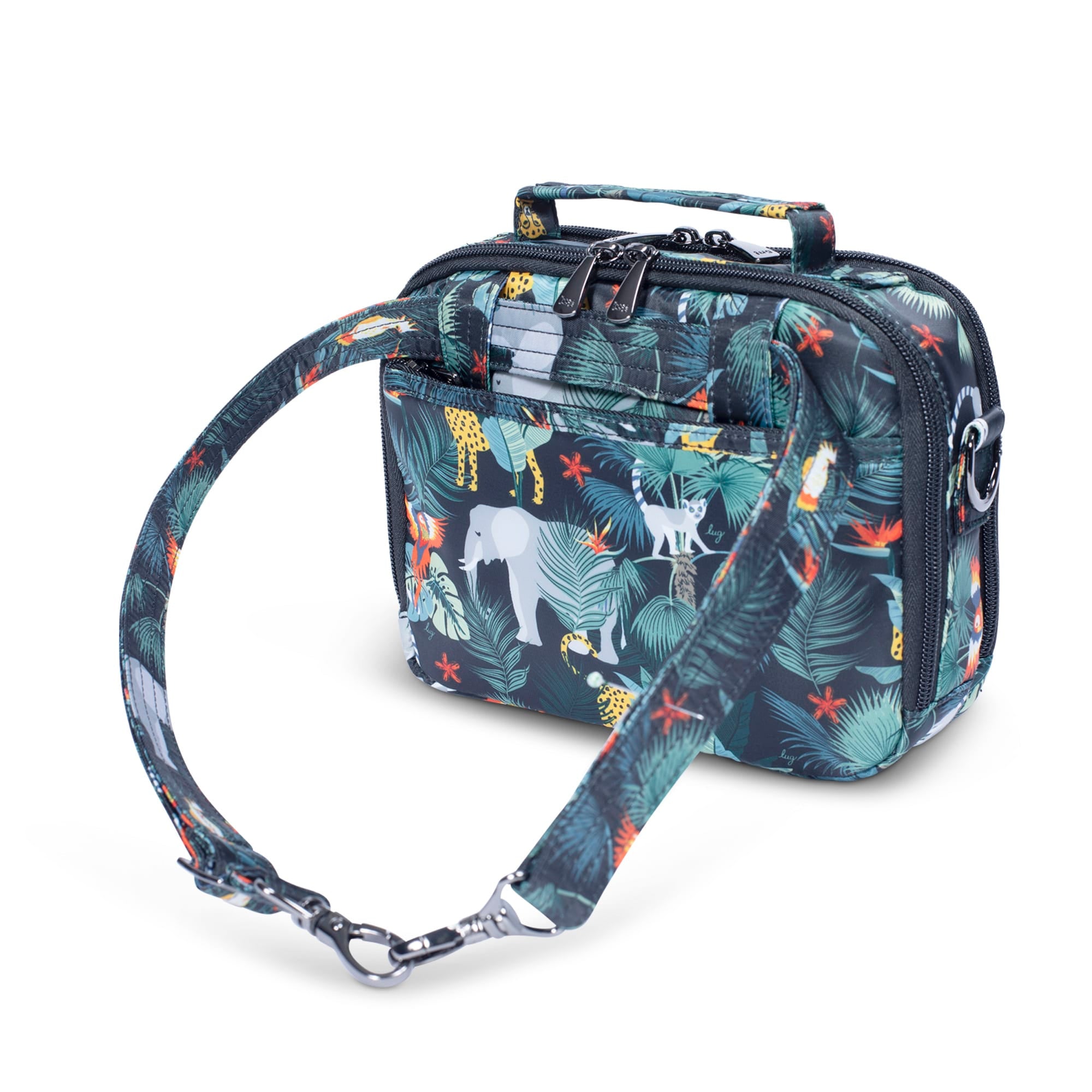 Lug Roundabout XL Convertible Wallet Crossbody bag in Wildlife Black with multiple compartments and adjustable strap.