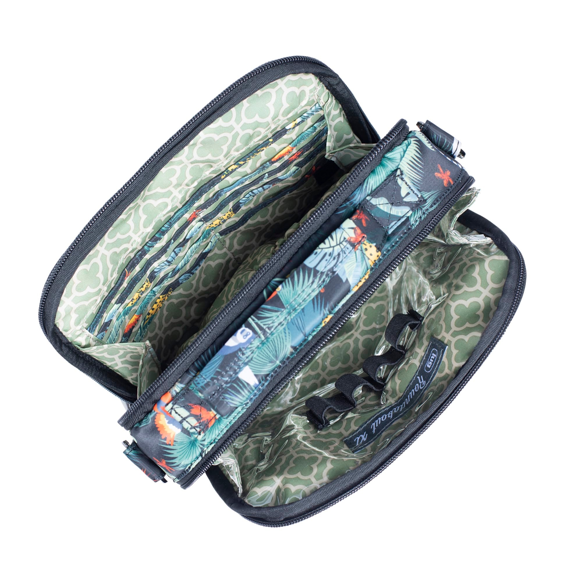 Lug Roundabout XL Convertible Wallet Crossbody bag in Wildlife Black with multiple compartments and adjustable strap.