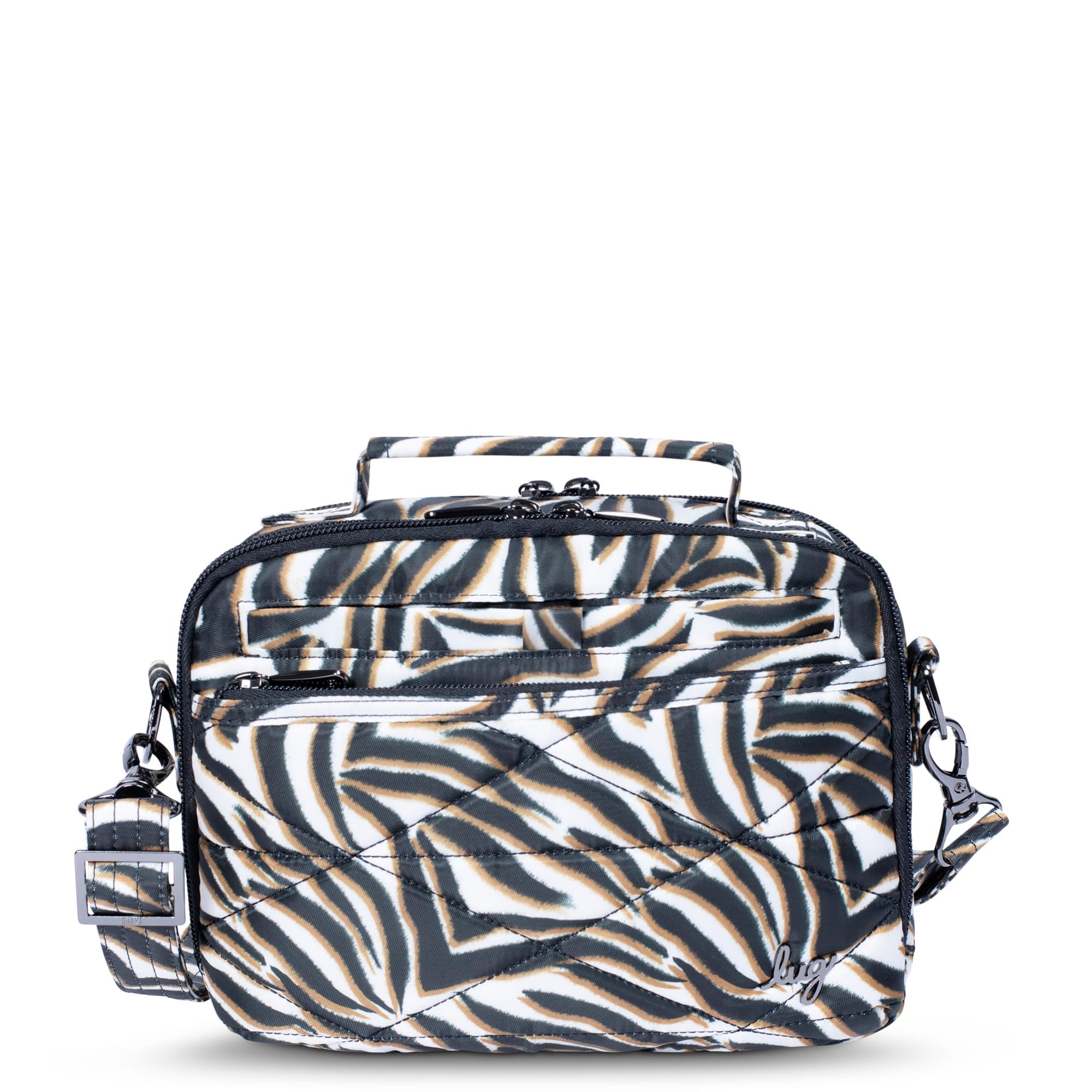 Lug Roundabout XL Convertible Wallet Crossbody bag in zebra sand with sleek design and adjustable strap.