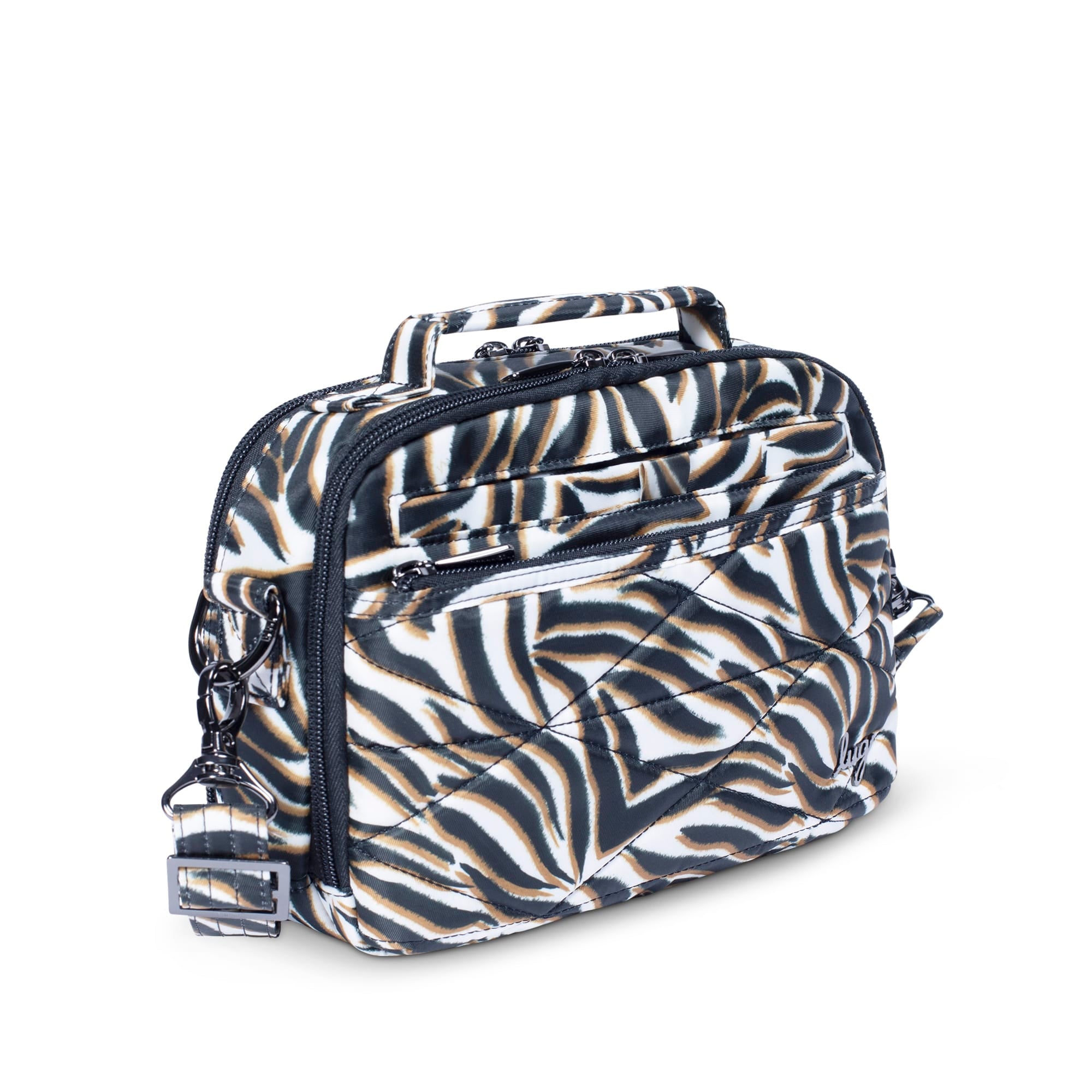 Lug Roundabout XL convertible zebra print wallet crossbody bag with adjustable strap and multiple compartments.