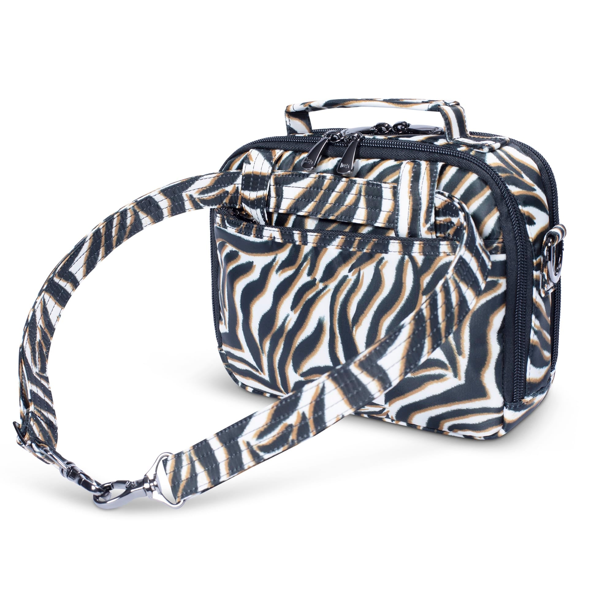 Lug Roundabout XL Convertible Wallet Crossbody in zebra sand leather, showing the adjustable strap and spacious design.
