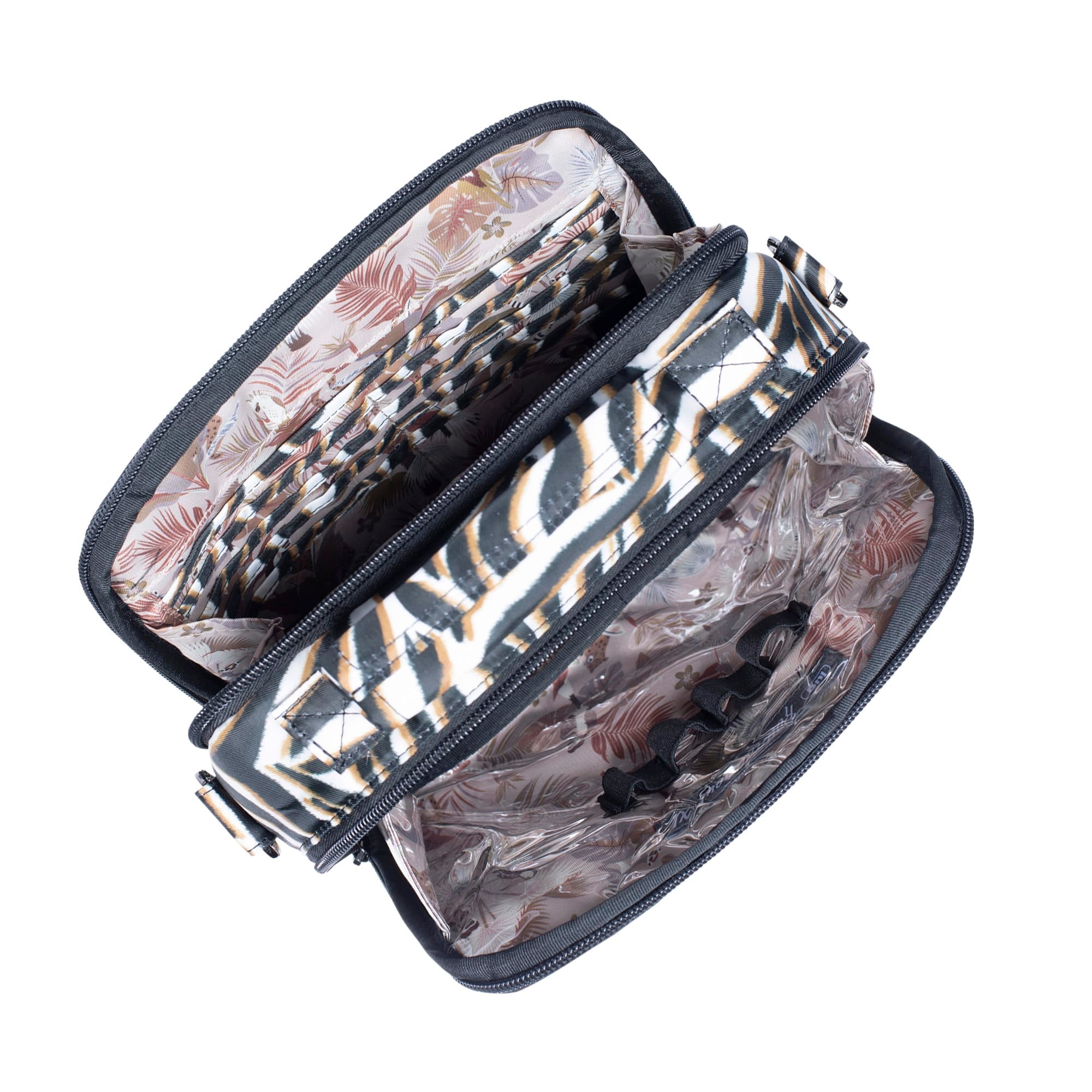 Lug Roundabout XL convertible zebra print wallet crossbody bag with adjustable strap and multiple compartments.